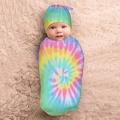 Tie Dye Newborn Swaddle Blanket with Hat Set Baby Stuff Receiving Blankets Soft Transition Sleep Sacks Gifts for Infant Boys Girls - 5
