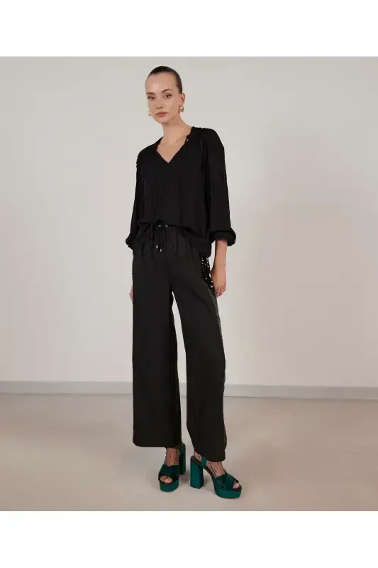 Tie Front Blouse-BLACK - 1