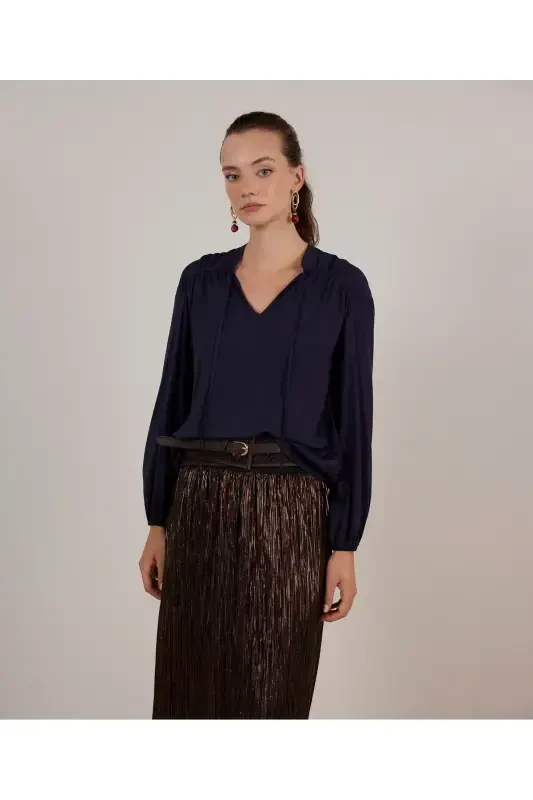 Tie Front Blouse-NAVY - 1