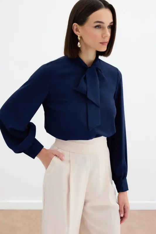 Tie Neck Plain Blouse - NAVY-NAVY - SATEEN