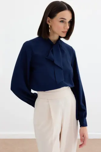 Tie Neck Plain Blouse - NAVY-NAVY - SATEEN (1)
