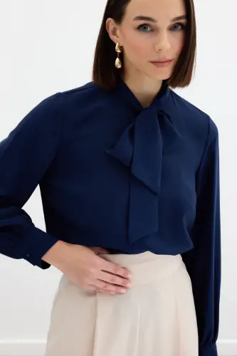Tie Neck Plain Blouse - NAVY-NAVY - 3