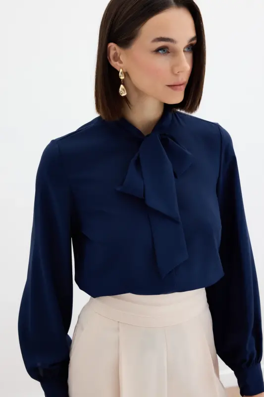 Tie Neck Plain Blouse - NAVY-NAVY - 4