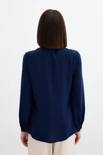Tie Neck Plain Blouse - NAVY-NAVY - 5
