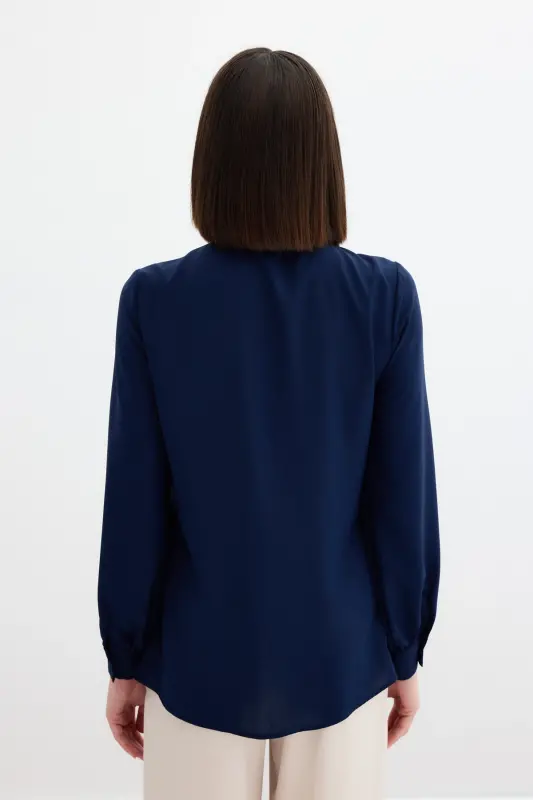 Tie Neck Plain Blouse - NAVY-NAVY - 5