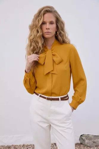 Tie-Neck Plain Shirt - Mustard - Mustard - SATEEN (1)