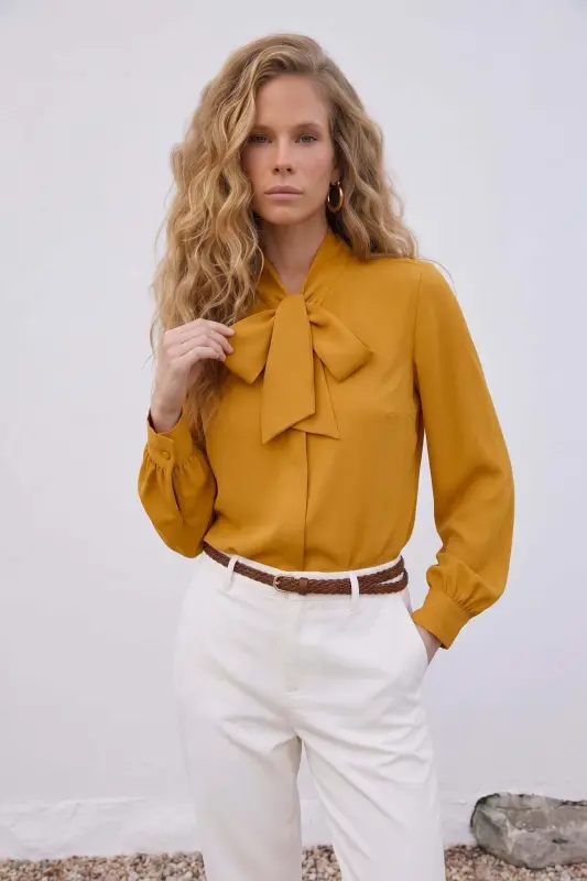 Tie-Neck Plain Shirt - Mustard - Mustard - 2