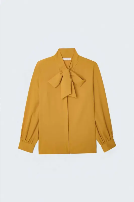 Tie-Neck Plain Shirt - Mustard - Mustard - 4