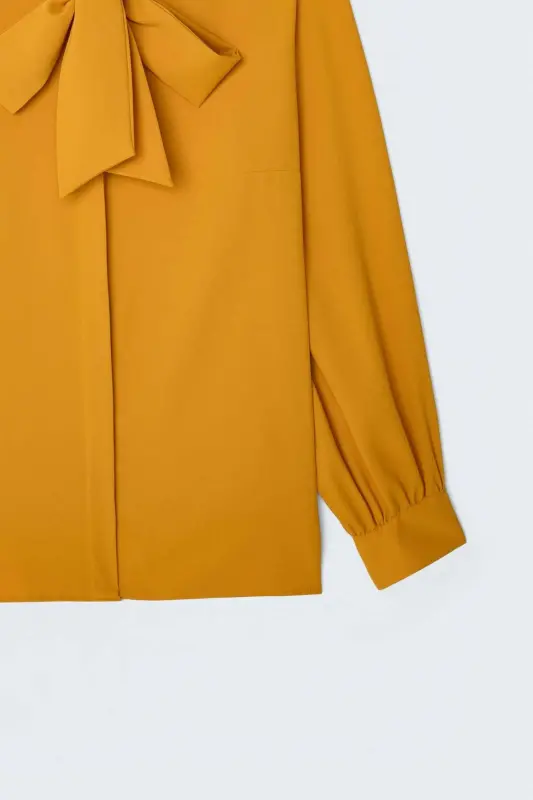 Tie-Neck Plain Shirt - Mustard - Mustard - 5