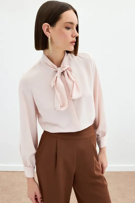 Tie Neck Plain Shirt - Powder-POWDER - SATEEN