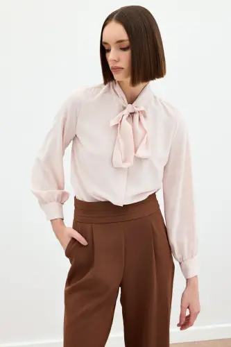 Tie Neck Plain Shirt - Powder-POWDER - SATEEN (1)