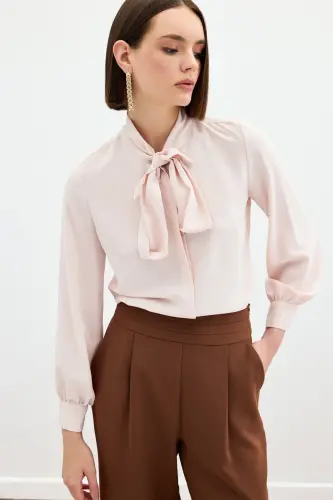 Tie Neck Plain Shirt - Powder-POWDER - 3