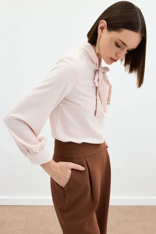 Tie Neck Plain Shirt - Powder-POWDER - 4