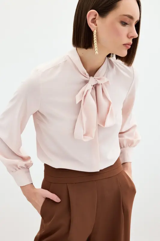 Tie Neck Plain Shirt - Powder-POWDER - 6