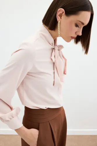 Tie Neck Plain Shirt - Powder-POWDER - 7
