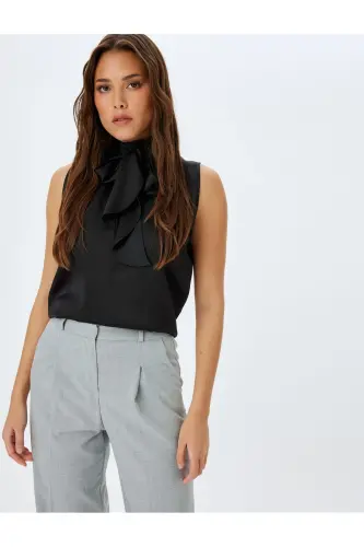 Tie Neck Sleeveless Satin Blouse-Black 