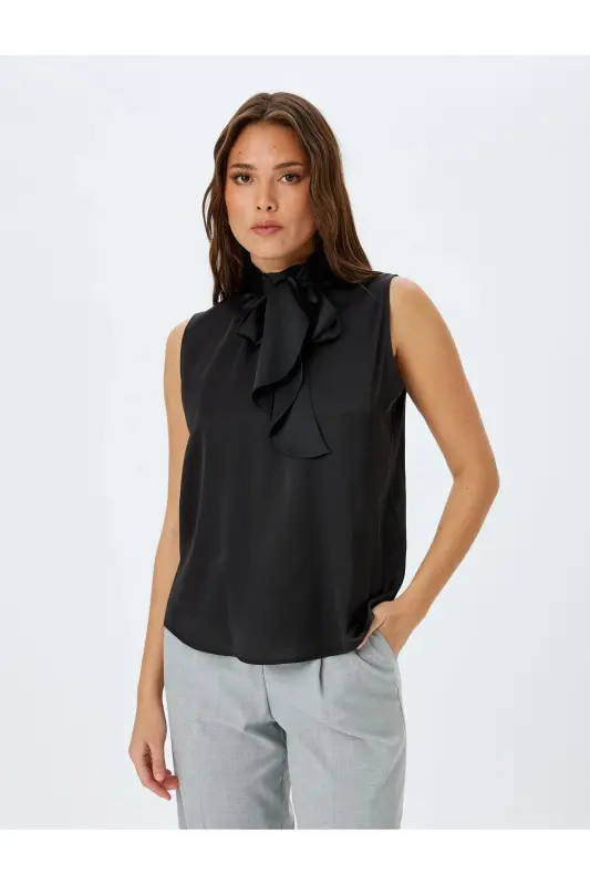 Tie Neck Sleeveless Satin Blouse-Black - 3