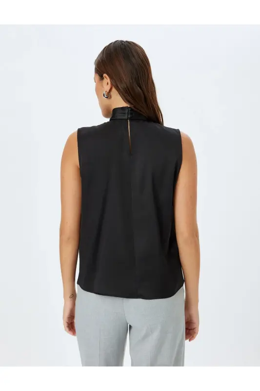 Tie Neck Sleeveless Satin Blouse-Black - 4