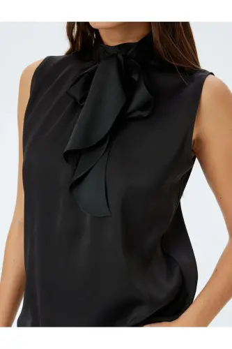Tie Neck Sleeveless Satin Blouse-Black - 5