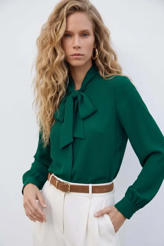Tie-Neck Straight Shirt - Emerald - Emerald - 1