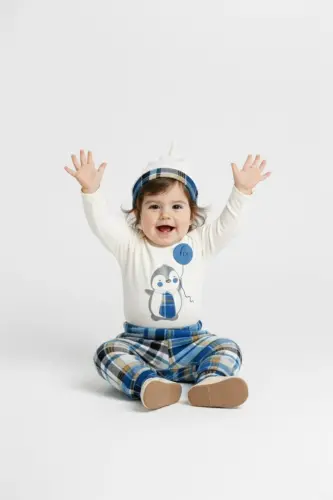 Tie Penguin Bodysuit, Pants, Hat Cotton Set MNK0587 BLUE 