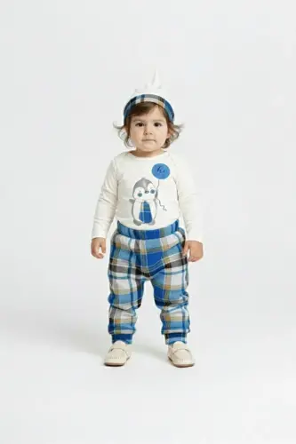 Tie Penguin Bodysuit, Pants, Hat Cotton Set MNK0587 BLUE - 5
