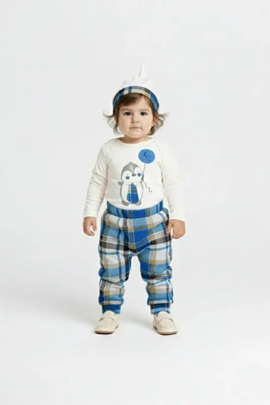 Tie Penguin Bodysuit, Pants, Hat Cotton Set MNK0587 BLUE - 5