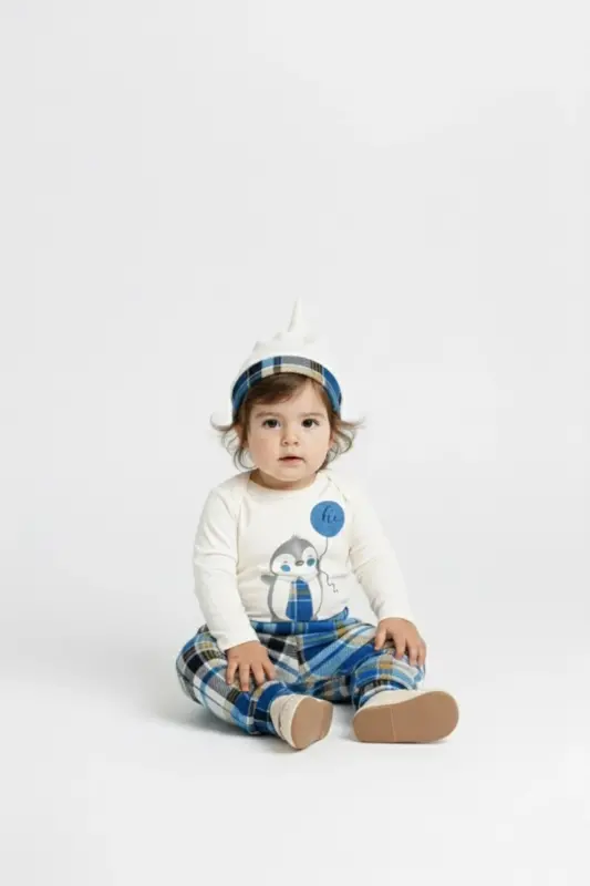 Tie Penguin Bodysuit, Pants, Hat Cotton Set MNK0587 BLUE - 6