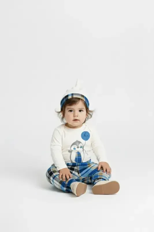 Tie Penguin Bodysuit, Pants, Hat Cotton Set MNK0587 BLUE - 6