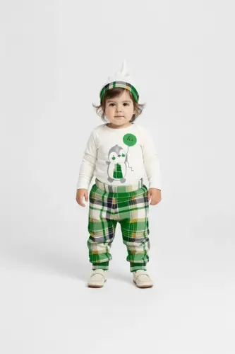 Tie Penguin Bodysuit, Pants, Hat Cotton Set MNK0587 GREEN 