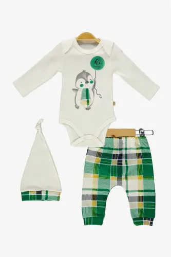 Tie Penguin Bodysuit, Pants, Hat Cotton Set MNK0587 GREEN - MNK BABY&KIDS (1)