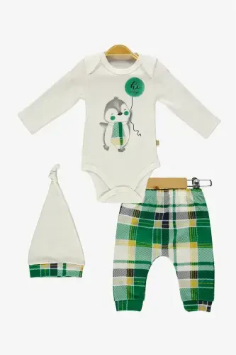 Tie Penguin Bodysuit, Pants, Hat Cotton Set MNK0587 GREEN - Modazone (1)