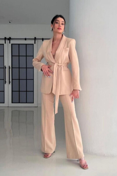 Tie-Up Blazer Jacket Wide Leg Pants Suit - 8