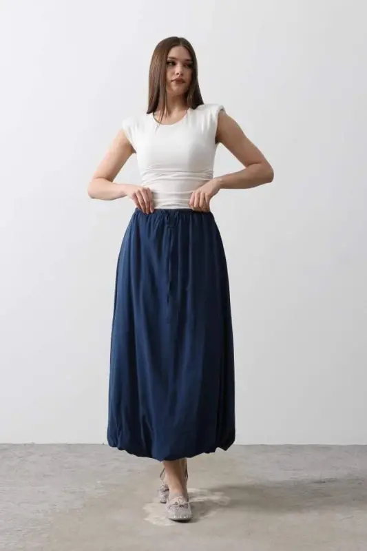 Tie Waist Balloon Skirt - Indigo - BÜYÜKBEDENIZ