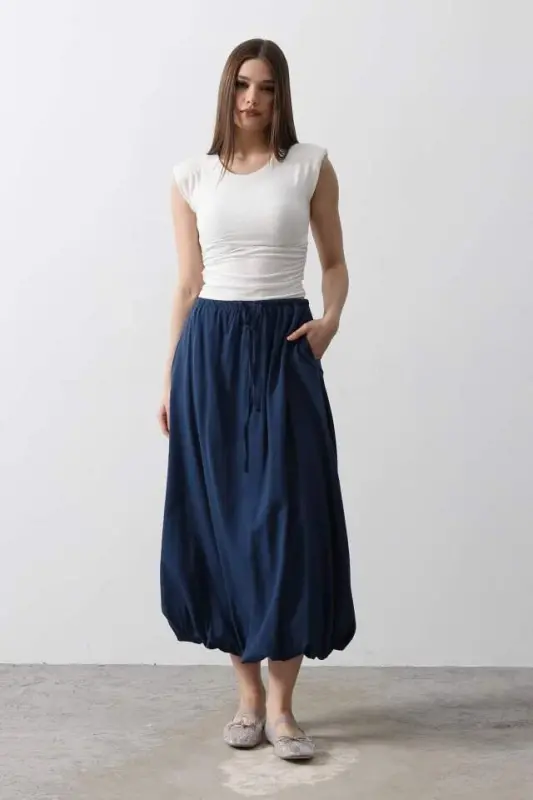 Tie Waist Balloon Skirt - Indigo - 2