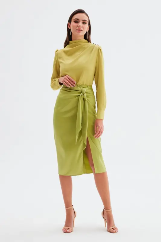 Tie Waist Satin Skirt - Oil Green-OIL GREEN - 1