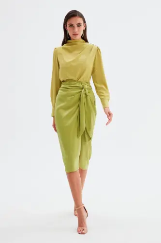 Tie Waist Satin Skirt - Oil Green-OIL GREEN - SATEEN (1)