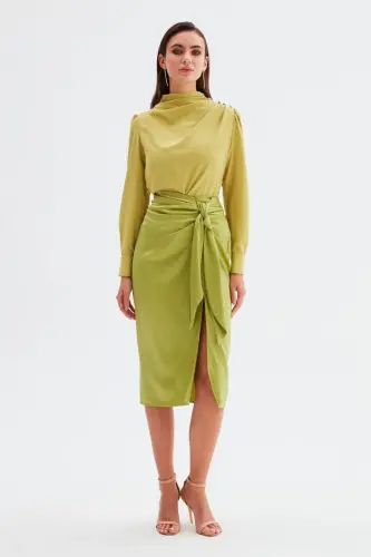 Tie Waist Satin Skirt - Oil Green-OIL GREEN - 3