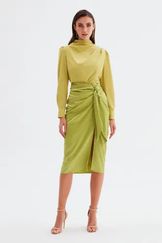 Tie Waist Satin Skirt - Oil Green-OIL GREEN - 4