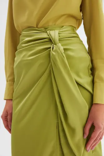 Tie Waist Satin Skirt - Oil Green-OIL GREEN - 5