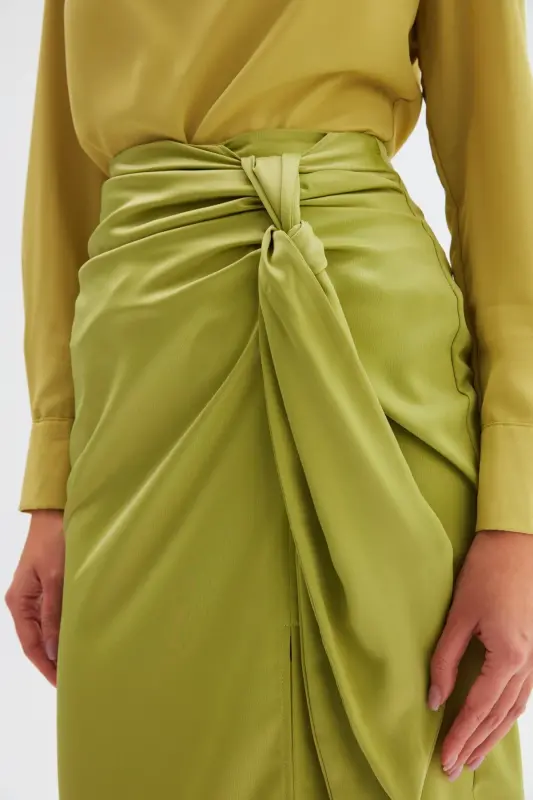 Tie Waist Satin Skirt - Oil Green-OIL GREEN - 5