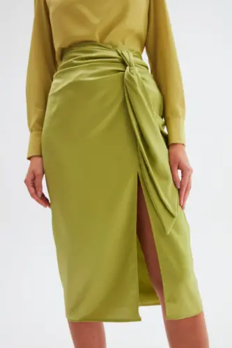 Tie Waist Satin Skirt - Oil Green-OIL GREEN - 6
