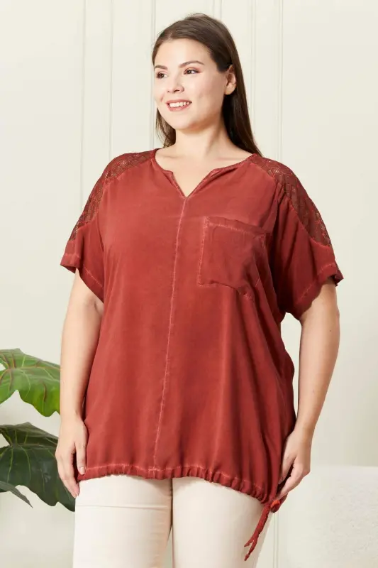 Tie Waist Shoulder Detail Plus Size Brick Red Blouse - 1