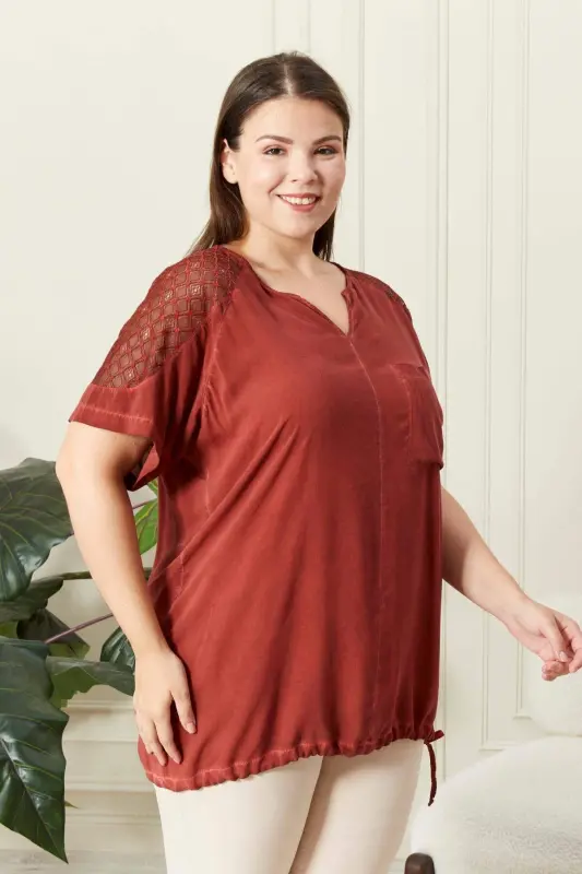Tie Waist Shoulder Detail Plus Size Brick Red Blouse - 2