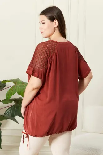 Tie Waist Shoulder Detail Plus Size Brick Red Blouse - 4