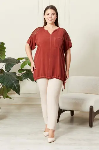 Tie Waist Shoulder Detail Plus Size Brick Red Blouse - 5