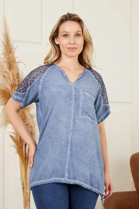 Tie Waist Shoulder Detail Plus Size Indigo Blouse - 1