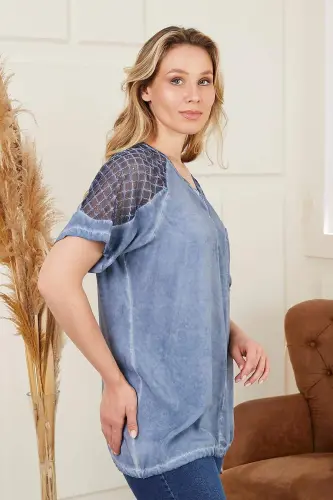 Tie Waist Shoulder Detail Plus Size Indigo Blouse - BÜYÜKBEDENIZ (1)