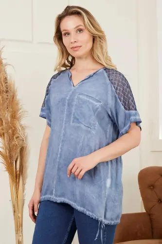 Tie Waist Shoulder Detail Plus Size Indigo Blouse - 3