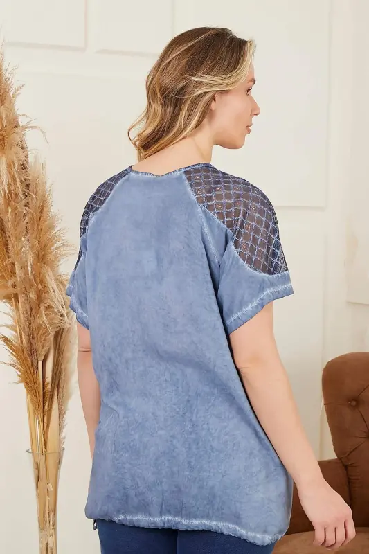 Tie Waist Shoulder Detail Plus Size Indigo Blouse - 5